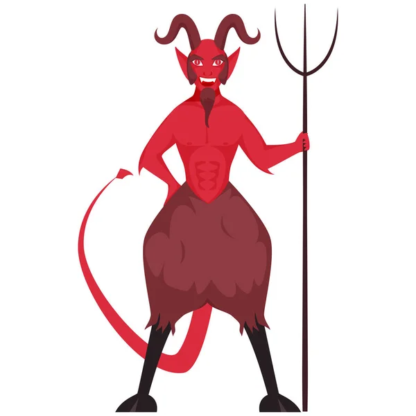Zeichentrickfigur Des Teufels Hält Dreizack Auf Weißem Hintergrund — Stockvektor