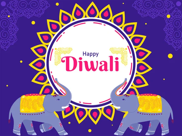 Happy Diwali Text Mandala Frame Two Cartoon Elephants — Stockový vektor