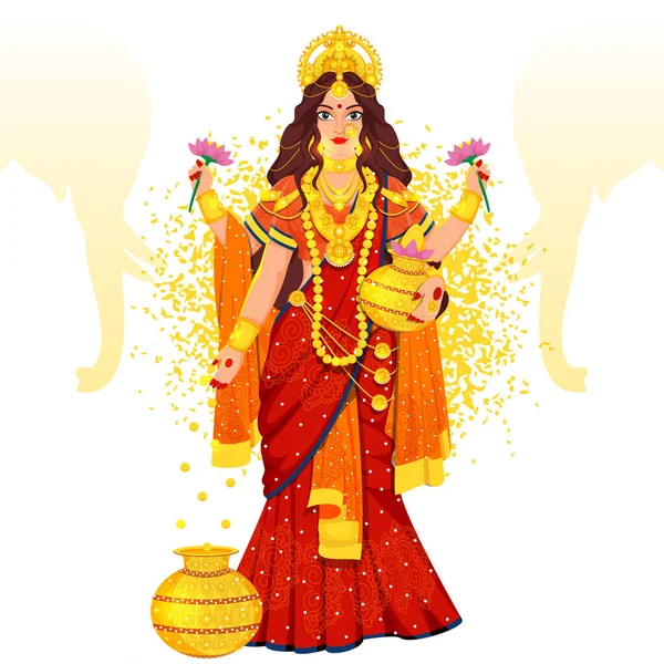 Belle Déesse Lakshmi Maa Sculpture Avec Silhouette Eléphant Visage Jaune — Image vectorielle