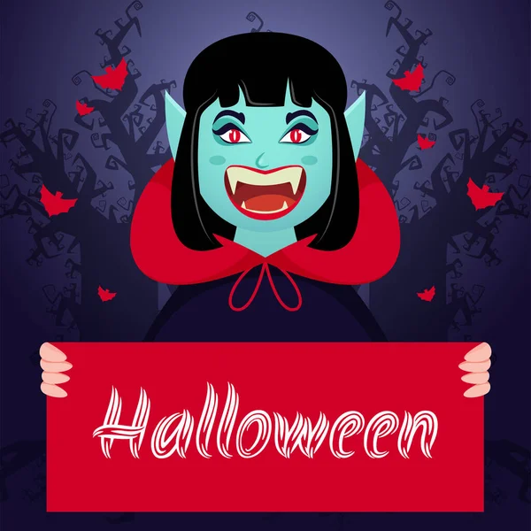 Cheerful Female Vampire Monster Holding Halloween Message Paper Flying Bats — Stock Vector