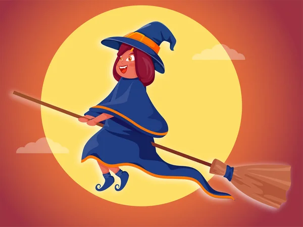 Cartoon Young Witch Flying Her Broom Full Moon Gradient Orange — Stock Vector
