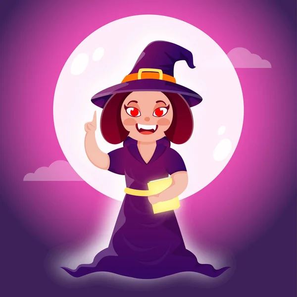 Cartoon Young Witch Saying Something Book Full Moon Purple Background — Stock Vector