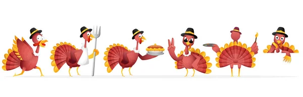 Cartoon Turkey Bird Wearing Pilgrim Hat Different Activity - Stok Vektor