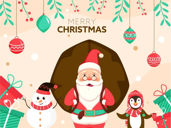 Ilustração Papai Noel Levantando Saco Pesado Com Pinguim Dos Desenhos —  Vetores de Stock