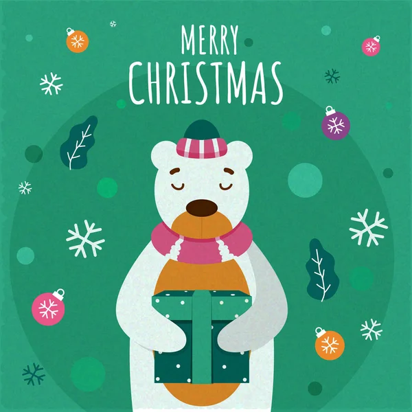 Illustration Cartoon Polar Bear Holding Gift Box Baubles Snowflakes Leaves — Stock Vector