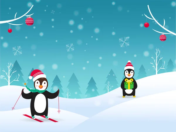 Zimní Krajina Pozadí Karikaturou Dva Tučňáci Nosí Santa Klobouk Různých — Stockový vektor