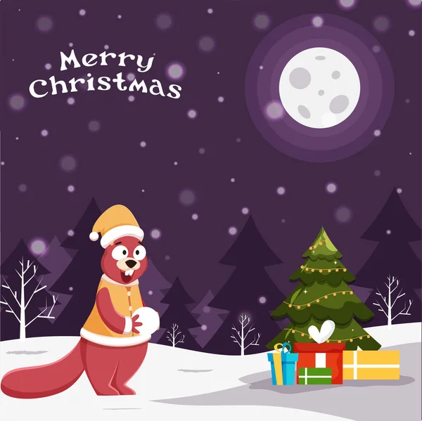 満月の雪の上にギフトボックスと装飾的なクリスマスツリーで雪玉を保持漫画リスメリークリスマスのための紫の背景 — ストックベクタ