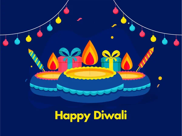 Happy Diwali Celebration Projekt Plakatu Lampami Olejowymi Lit Diya Rakiety — Wektor stockowy