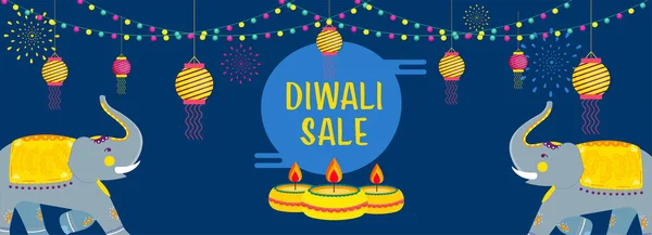 Diwali Verkauf Header Oder Banner Design Mit Cartoon Zwei Elefanten — Stockvektor