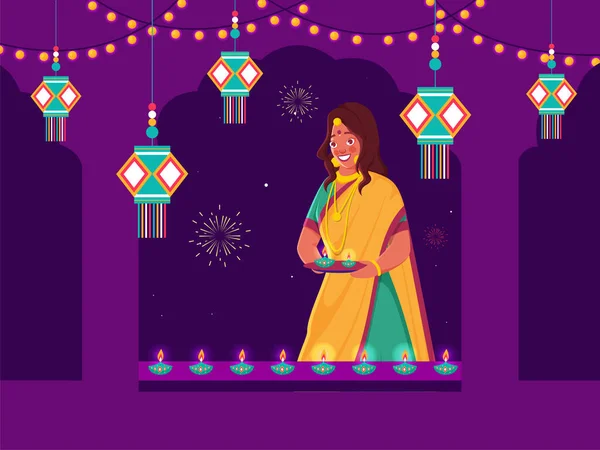 インドの女性のイラスト紫色の窓の背景に飾られた吊り提灯や照明ガーランドと照明油ランプ Diya のプレートを保持 — ストックベクタ