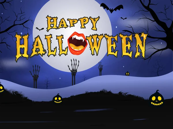Yellow Scary Happy Halloween Font Monster Mouth Jack Lanterns Bats — стоковий вектор