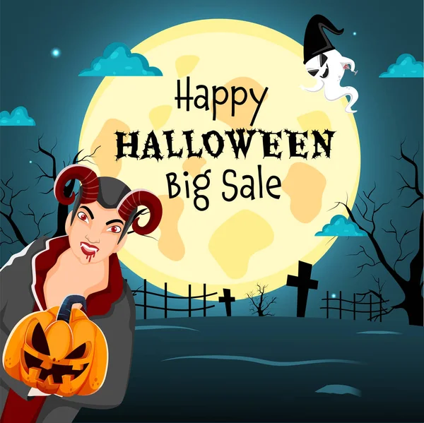 Happy Halloween Big Sale Poster Design Cartoon Devil Holding Jack — Stock Vector