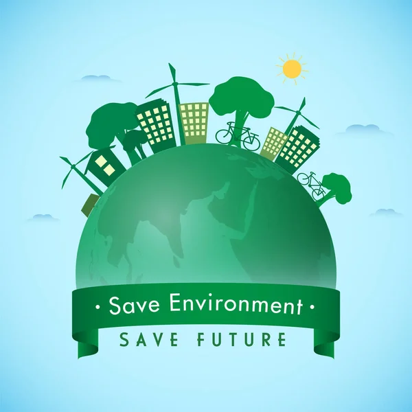 Eco Cityscape Illusztrációja Earth Globe Bal Kék Háttér Környezet Megmentéséért — Stock Vector