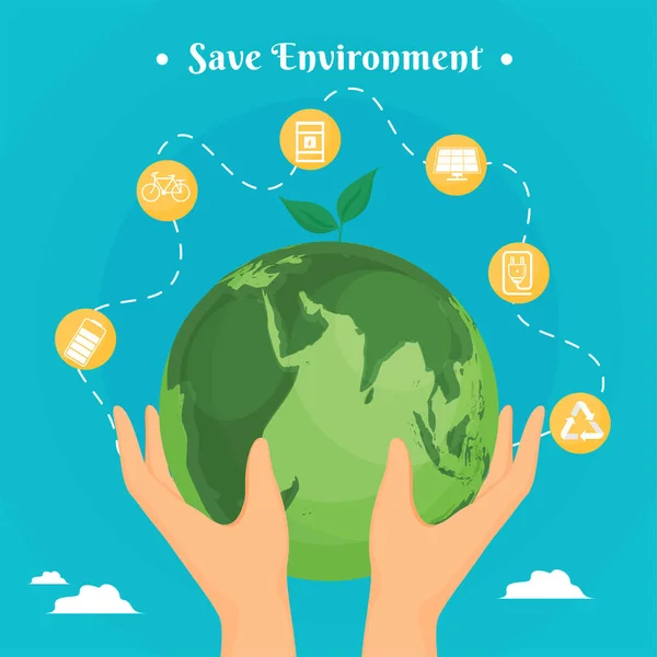 Environment Poster Design Human Hand Holding Earth Globe Sky Blue — Stock Vector