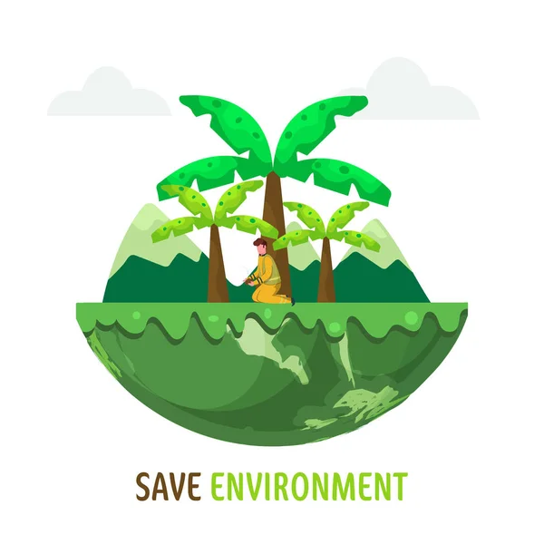 Cartoon Man Planting Half Earth Globe Green Landscape View Environment — Stock Vector