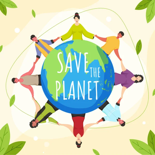 Cartoon Character People Holding Hands World Green Leaves Planet Concept — Stockový vektor