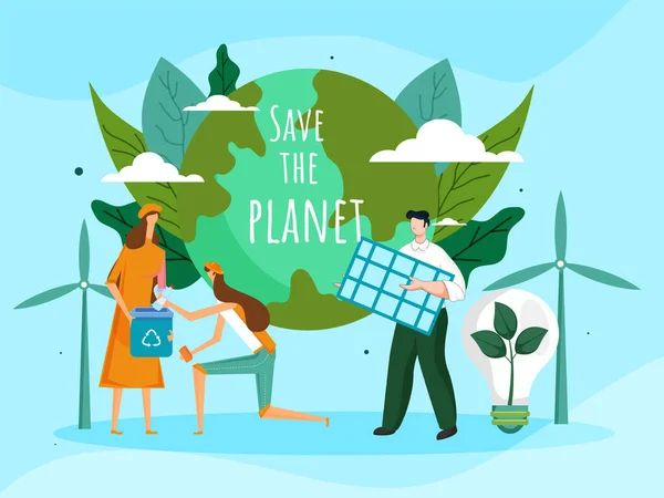 ソーラーパネル リサイクルビン エコバルブ 地球球と協力して地球を救う漫画家と女性 Planet Concept — ストックベクタ