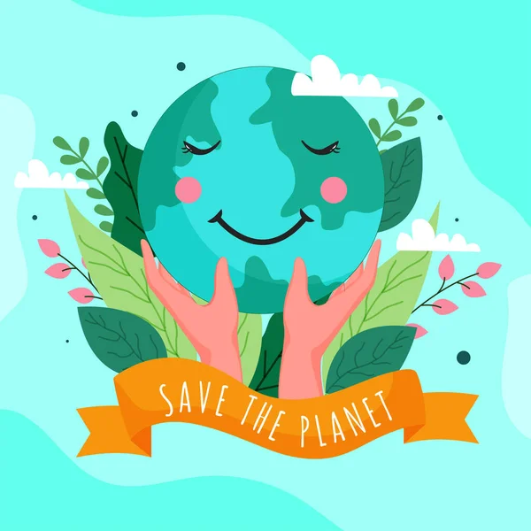 Spara Planet Text Ribbon Med Händerna Håller Smiley Earth Globe — Stock vektor