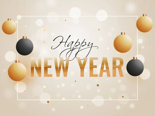 Happy New Year Text Hanging Baubles Beige Bokeh Effect Background — 스톡 벡터