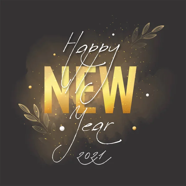 Gelukkig Nieuwjaar 2021 Lettertype Met Gouden Bladeren Takken Sparkles Zwarte — Stockvector