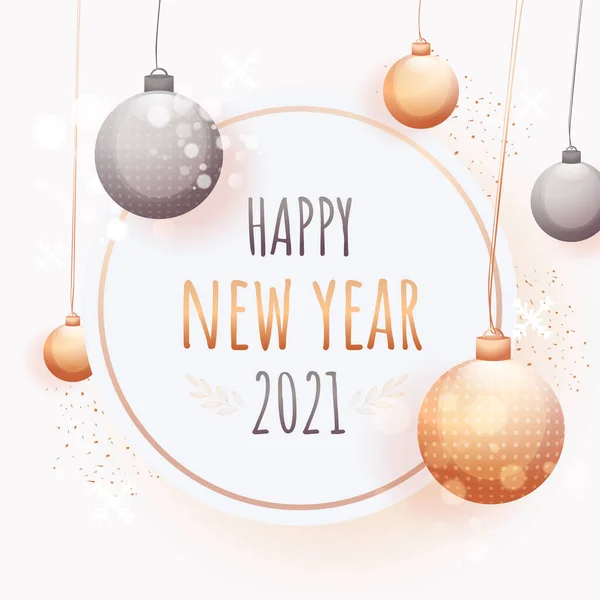 2021 Šťastný Nový Rok Text Bílém Pozadí Zdobené Visící Ozdoby — Stockový vektor