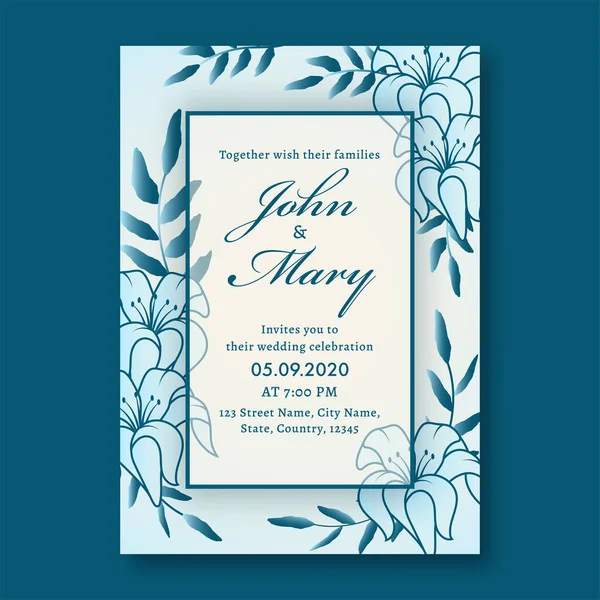 Wedding Invitation Card Template Layout Decorated Lily Flowers Venue Details — Stock Vector