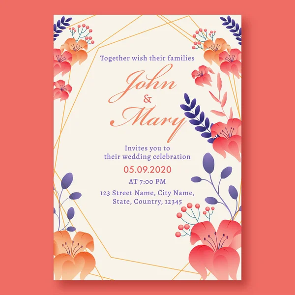 Bellissimo Matrimonio Floreale Invito Card Design Con Dettagli Del Luogo — Vettoriale Stock