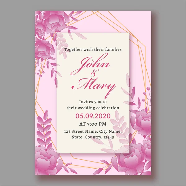 Beautiful Floral Wedding Invitation Card Design Pink White Color Venue — Stock Vector