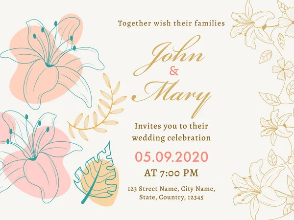 Düğün Davetiyesi Veya Poster Tasarımı Çizgi Sanat Çiçekleri Yaprakları Ile — Stok Vektör