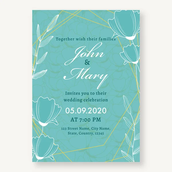Floral Wedding Invitation Card Design Turquoise Kleur Met Event Details — Stockvector