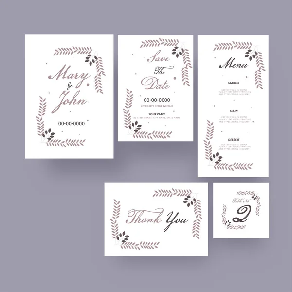 Wedding Invitation Set Date Menu Thank You Table Number Card — Stock Vector