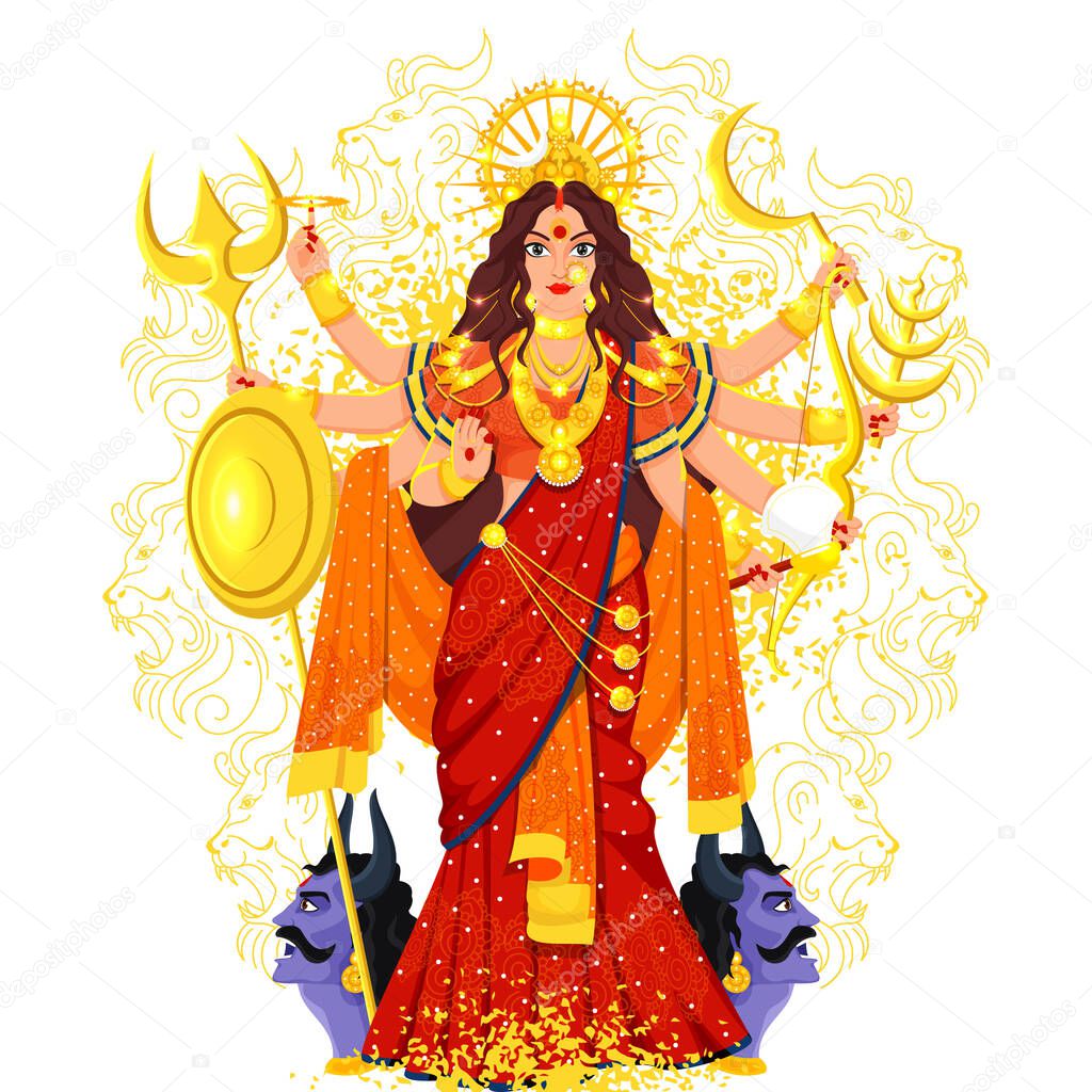 Hindu Mythology Goddess Durga Maa with Mahishasura Face and Yellow Noise Grunge Effect on Line Art Lion Pattern Background.