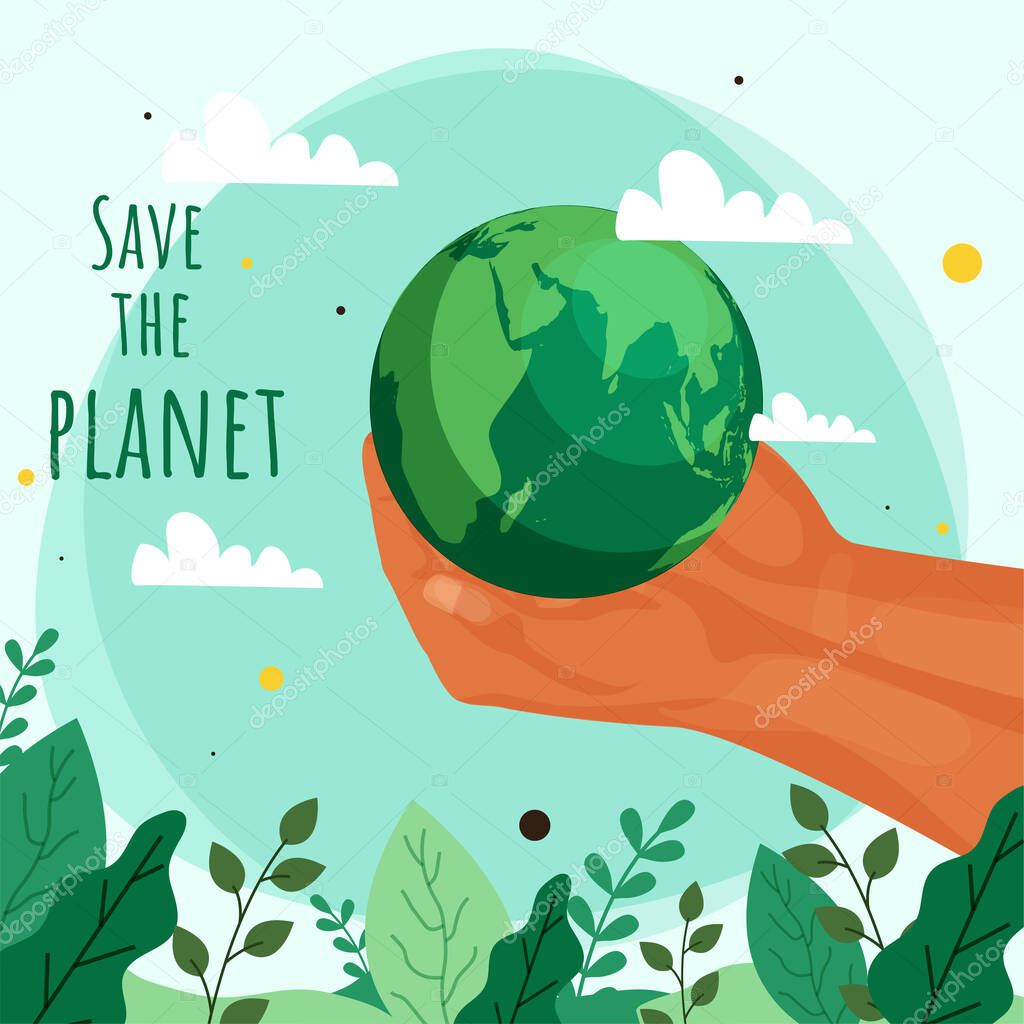 Save The Planet Concept with Human Hands Holding Earth Globe and Leaves Decorated on Light Green Background.