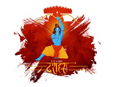 Lord Ram ok ok ve siluet Ravana iblisi ve fırça darbesi Shubh (Mutlu) Dussehra için beyaz zemin üzerinde etki.