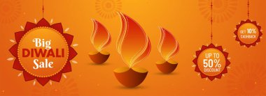 Diwali Büyük Satış Başlığı veya En İyi İndirim Teklifi ve Orange Oil Lambası (Diya) Tasarımı.