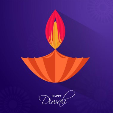 Mutlu Diwali Kutlaması İçin Violet Mandala Arkaplanı Üzerine Kağıt Kesiği Aydınlatılmış Yağ Lambası (Diya).
