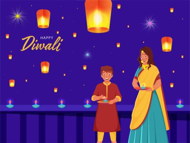 Hintli Genç Kadın ve Bir Tabak Parlak Yağ Lambası Tutan Çocuk (Diya) ile Mutlu Diwali Kutlamaları).