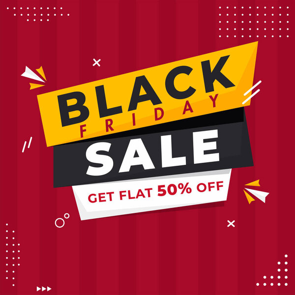 Black Friday Sale Poster Design with 50% Discount Offer on Red Striped Background.