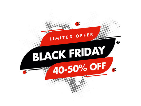 Black Friday Poster Design with 40-50% Discount Off on Halftone Effect White Background for Sale.