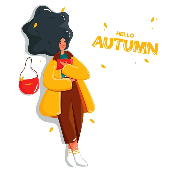 Молодая Девушка Читает Книгу Лежа Сумочкой Белом Фоне Hello Autumn — стоковый вектор