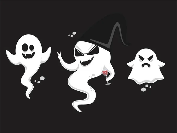 Personaje Fantasmas Alegre Diferentes Poses Sobre Fondo Negro — Vector de stock