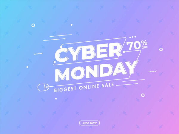 Cyber Monday Biggest Online Sale Poster Design with 70% Discount Offer on Blue and Pink Gradient Background.