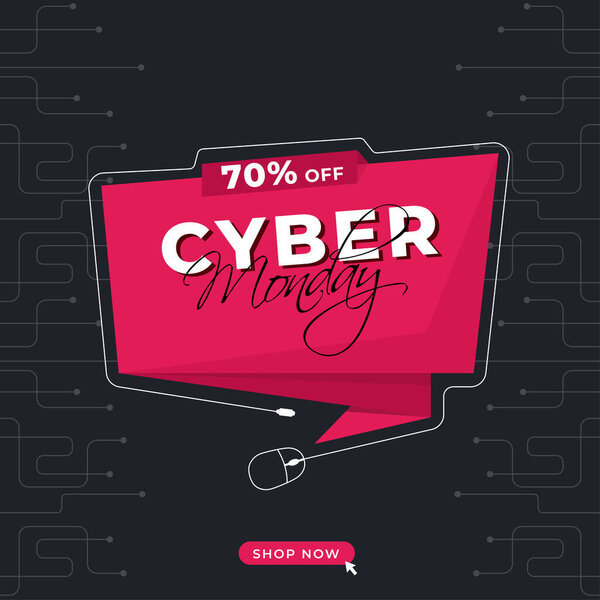 Cyber Monday Sale Ribbon, Label with 70% Discount Offer and Mouse on Dark Grey Circuit Board Background.