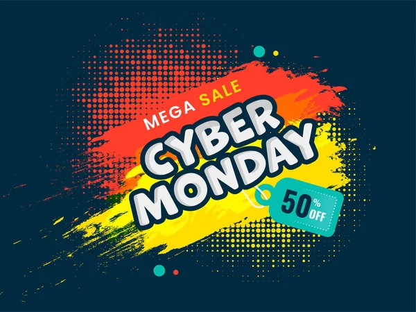 网上星期一Mega销售招贴画设计50 折扣标签 橙色和黄色笔刷半色调在Teal蓝色背景 — 图库矢量图片