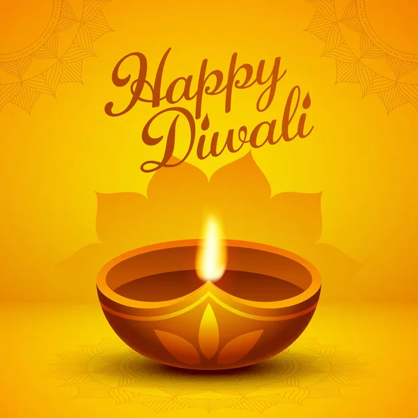 Happy Diwali Font Lit Oil Lamp Diya Yellow Mandala Pattern — стоковый вектор