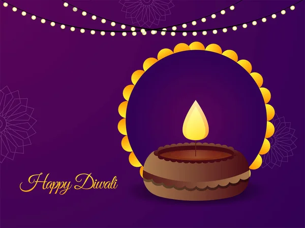 Happy Diwali Font Illuminated Oil Lamp Diya Empty Circular Frame — Stock Vector
