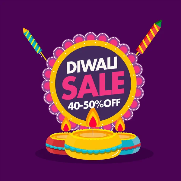 Diwali Sale Poster Design Discount Offer Firecracker Rockets Lit Oil — 스톡 벡터