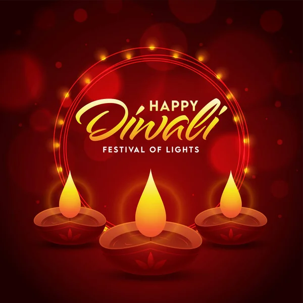 Glückliche Diwali Schrift Mit Beleuchteten Öllampen Diya Und Runder Lichtgirlande — Stockvektor