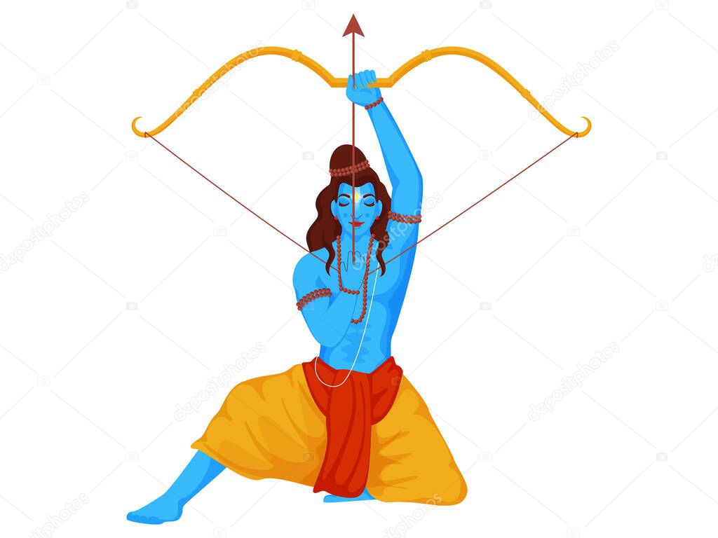 Illustration of Lord Rama Holding Bow Arrow on White Background.