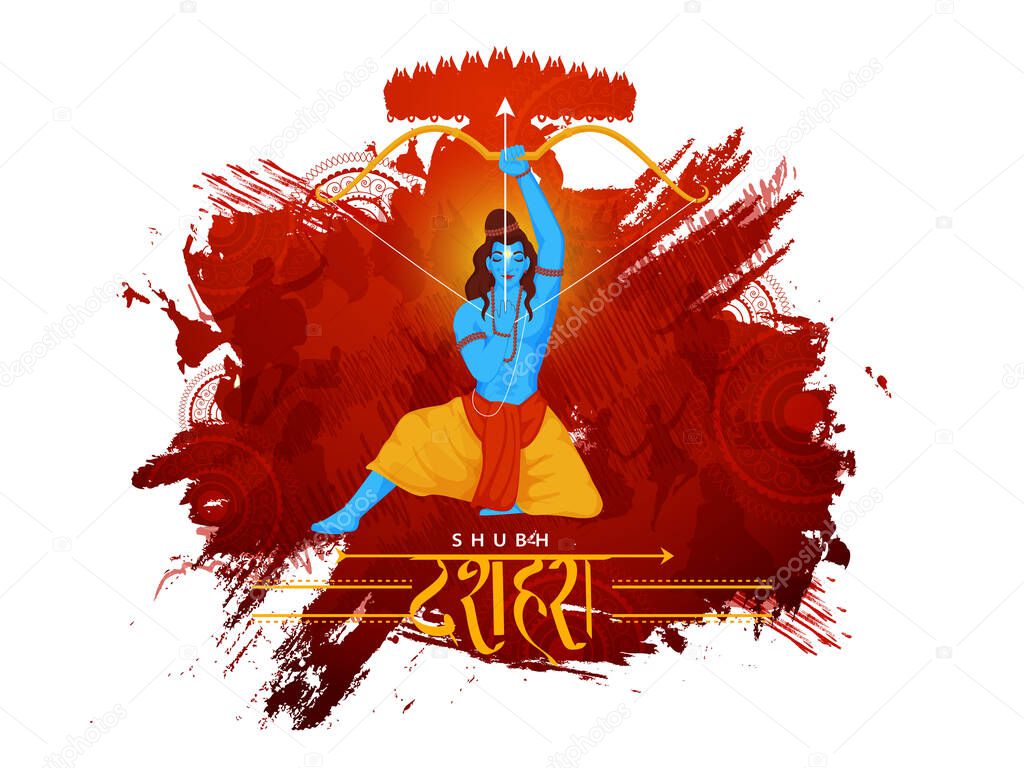 Lord Ram Holding Bow Arrow with Silhouette Ravan Demon and Brush Stroke Effect on White Background for Shubh (Happy) Dussehra.